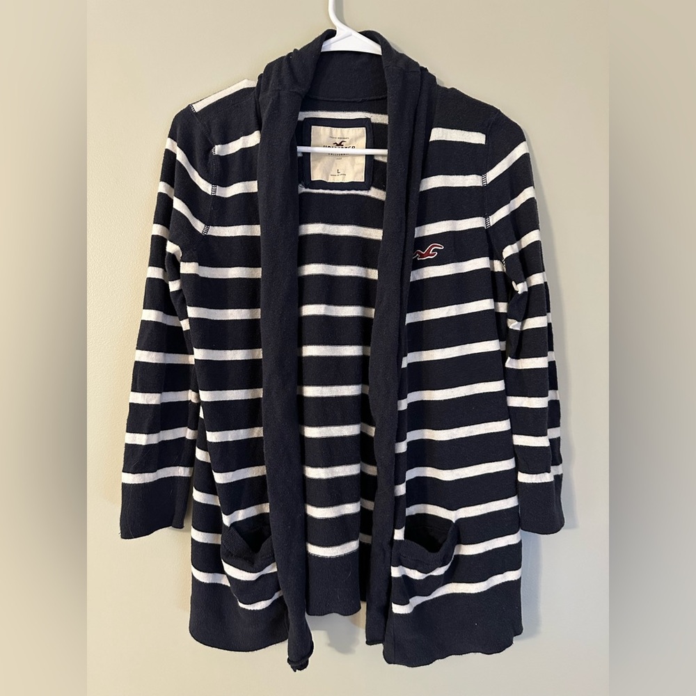 Hollister Navy and White Striped Cardigan